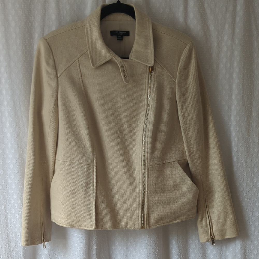 Ann Taylor Linen Blend Cream Moto Jacket Size 14 Petite